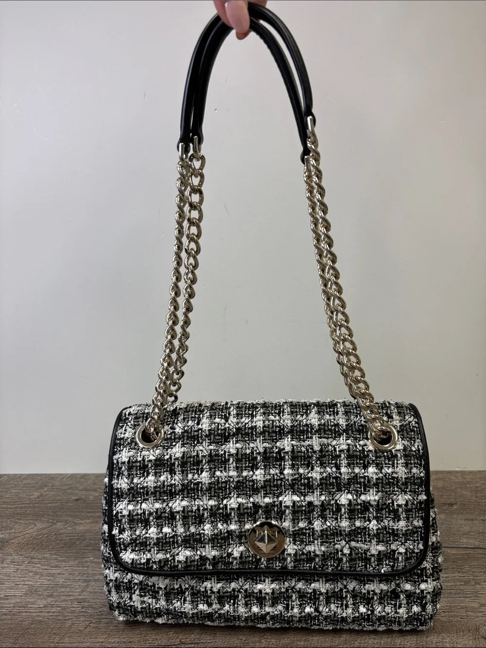 Kate Spade New York Black White Tweed Chain Shoulder Bag Turnlock